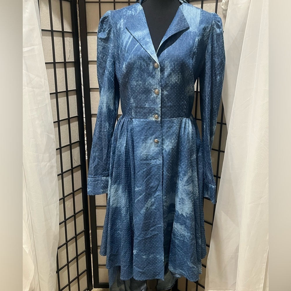 For Her NYC Blue SWISS Dot TRENCH DRESS, VICTORIAN, HIGH LOW, WOMEN SIZE L